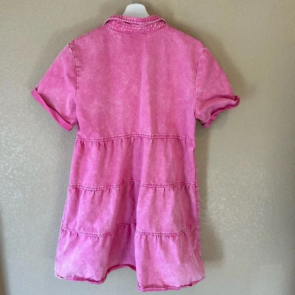 Pink Denim Button-Up Casual Dress Size L Collared Babydoll - Picture 7 of 8